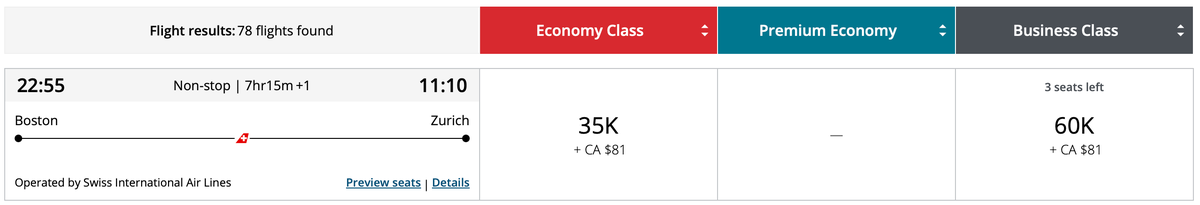 Aeroplan award pricing BOS-ZRH using points